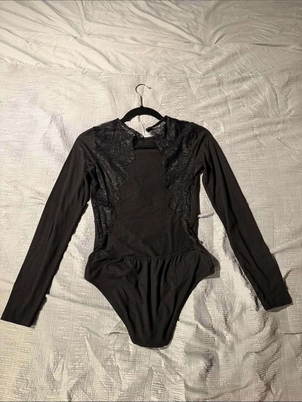 Women's Long Sleeve open back Lace-Accent Bodysuit - Black